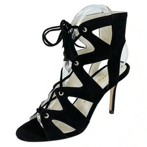 Bettye Muller Swell Black Leather Tie Up Womens Heels Size 5.5M EU 37